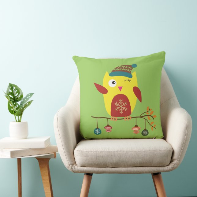 Cute Christmas Owl Winter Illustration Throw Pillow (Chair)