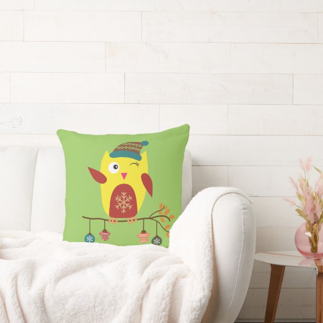 Cute Christmas Owl Winter Illustration Throw Pillow (Couch)