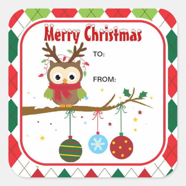 Cute Christmas Owl With Antler Gift Square Sticker