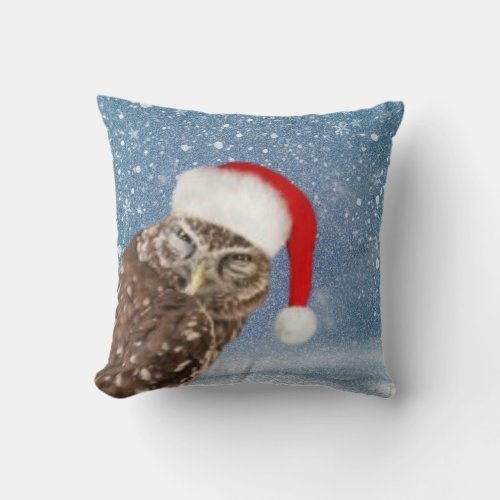 Cute Christmas Owl with Red Santa Hat Snowflakes  Throw Pillow