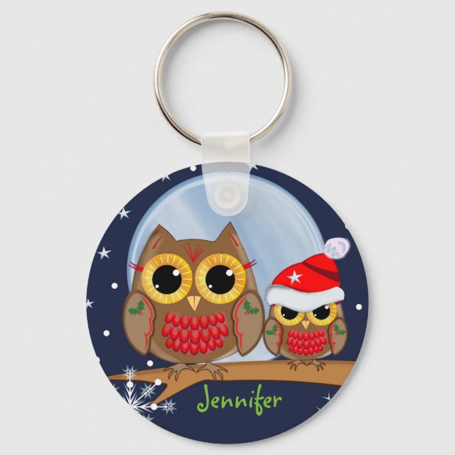 Cute Christmas Owls & Custom Name Keychain (Front)