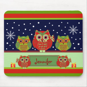 Cute Christmas Owls & custom Name Mousepad