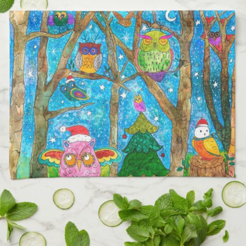 Cute Christmas Owls Half Fold Kitchen Towel