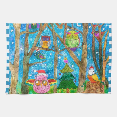 Cute Christmas Owls in Hats Kitchen Towel