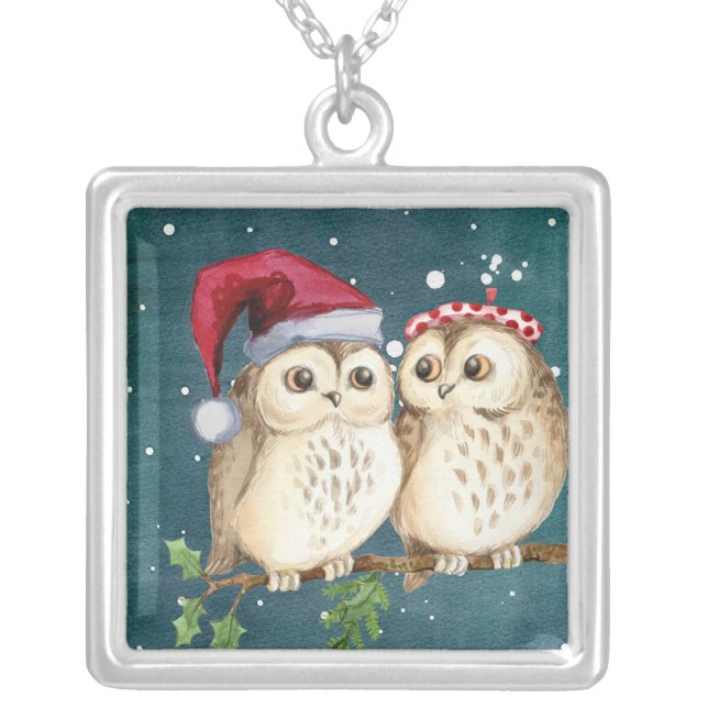 Cute Christmas Owls Silver Plated Necklace (Front)
