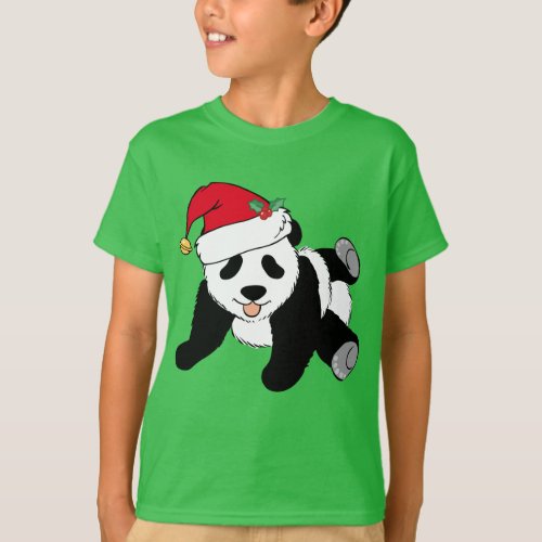 Cute Christmas Panda Bear in Santa Hat Kids Green T_Shirt