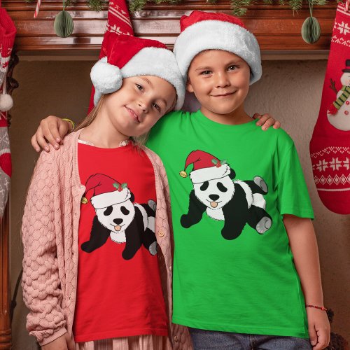 Cute Christmas Panda Bear in Santa Hat Kids T_Shirt