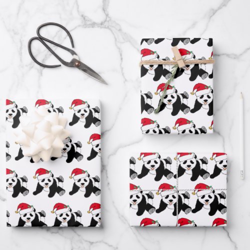 Cute Christmas Panda Bear in Santa Hat Kids Wrapping Paper Sheets