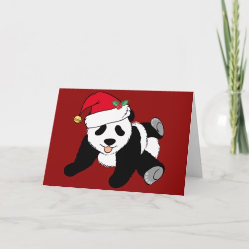 Cute Christmas Panda Bear in Santa Hat Red Holiday Card