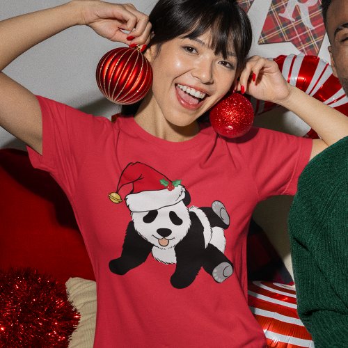 Cute Christmas Panda Bear in Santa Hat Womens T_Shirt