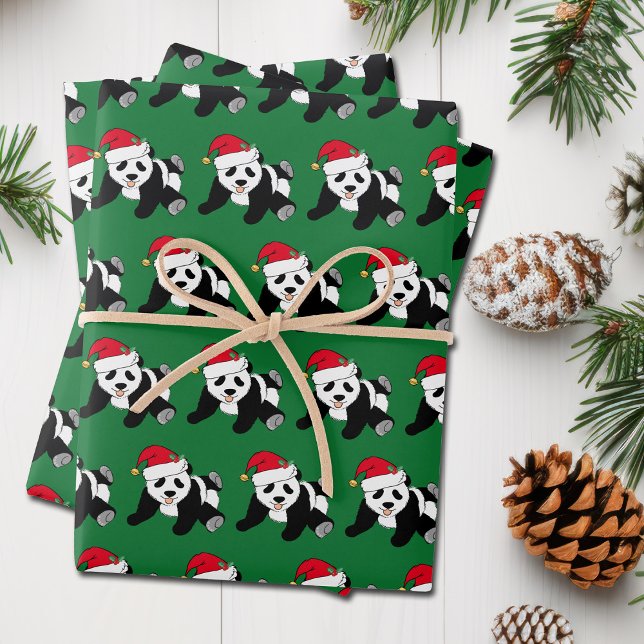 Cute Christmas Panda Bear Kids Green Holiday Wrapping Paper Sheets (Creator Uploaded)