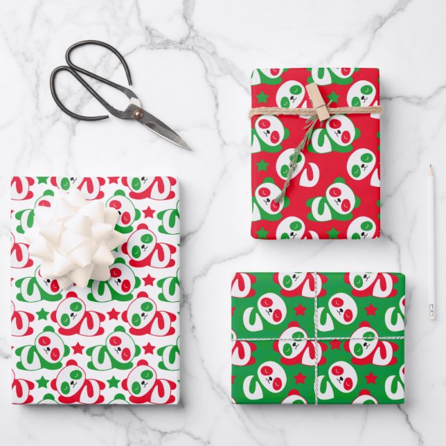 Cute Christmas Panda Bear Kids Red Green Wrapping Paper Sheets (Front)