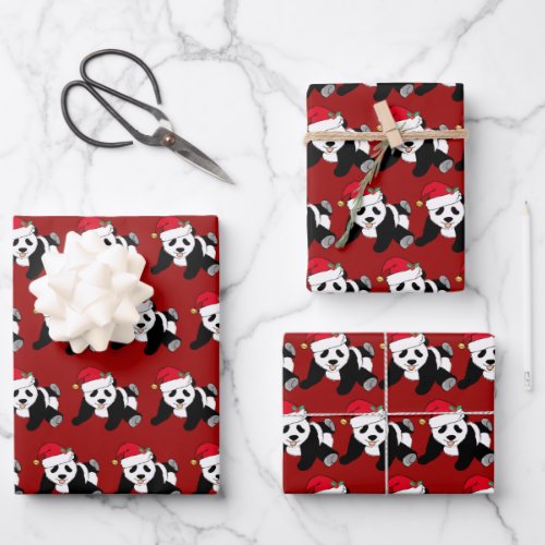 Cute Christmas Panda Bear Kids Red Wrapping Paper Sheets