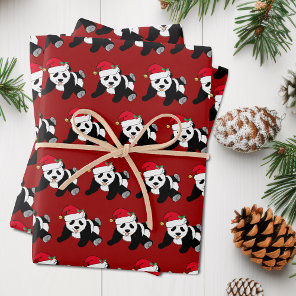 Cute Christmas Panda Bear Kids Red Wrapping Paper Sheets