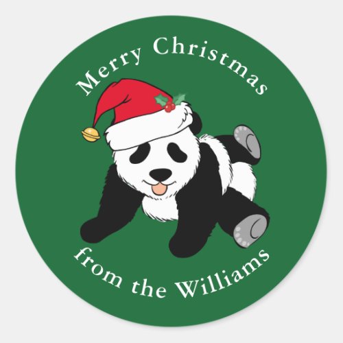 Cute Christmas Panda Bear Santa Hat Custom Green Classic Round Sticker