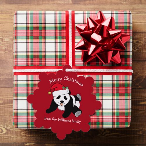 Cute Christmas Panda in Santa Hat Custom Red Ornament Card