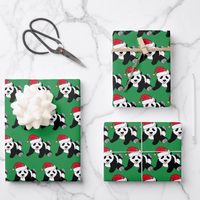 Cute Christmas Panda Kids Wrapping Paper Sheets (Front)