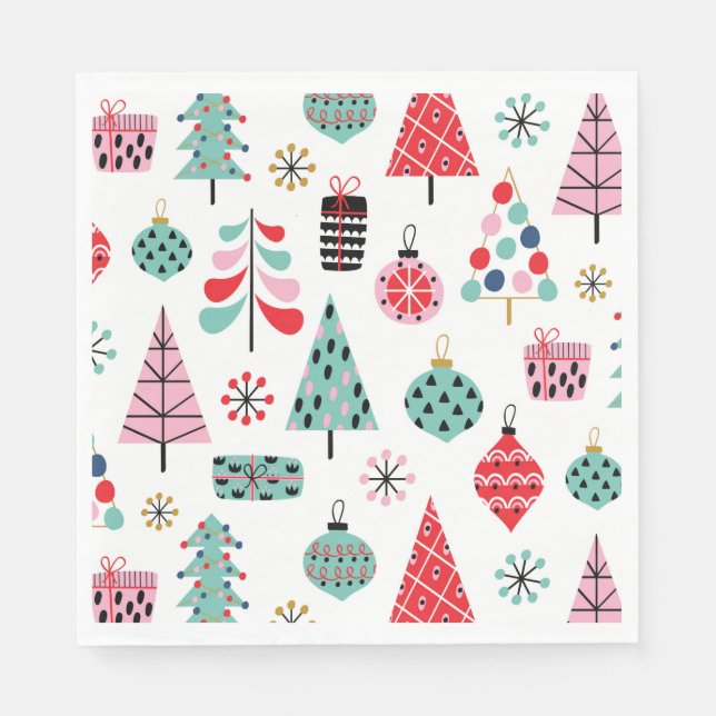 Cute Christmas Party | Festive Pink Red Teal Tree Napkins (Front)