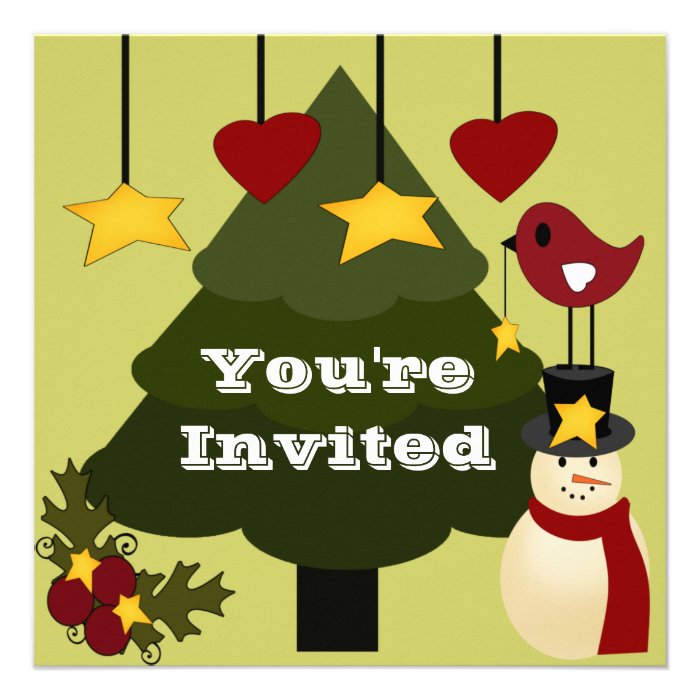 Cute Christmas Party Invitation Tree Snowman Stars