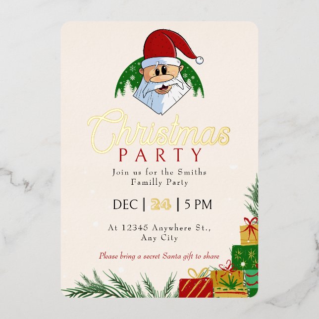 Cute Christmas Party Santa Festive Elegant Floral Foil Invitation (Front)