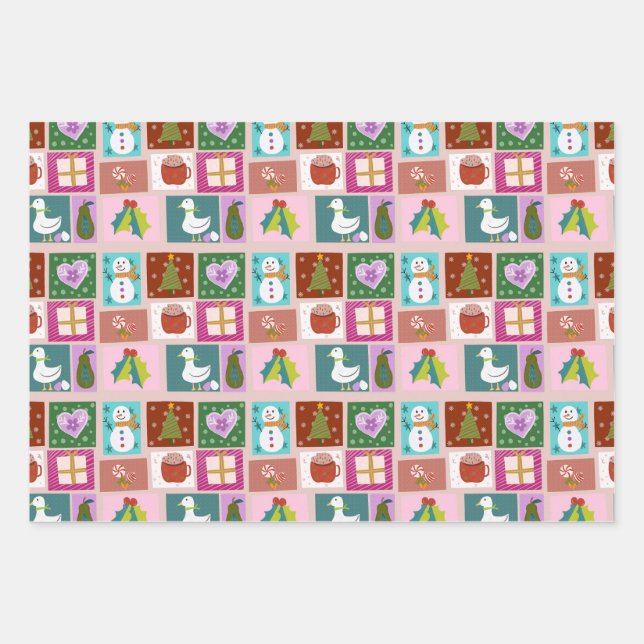 Cute Christmas Patchwork Pattern Wrapping Paper Sheets (Front)