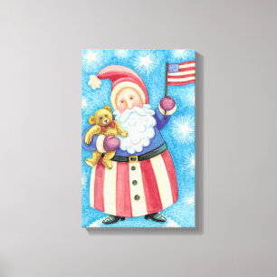 Cute Christmas, Patriotic Santa Claus with Flag Canvas Print