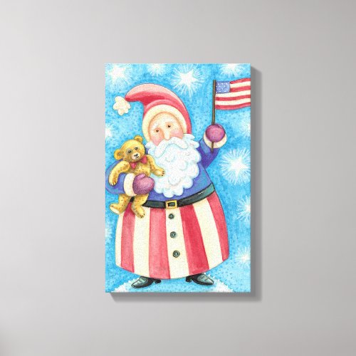 Cute Christmas Patriotic Santa Claus with Flag Canvas Print