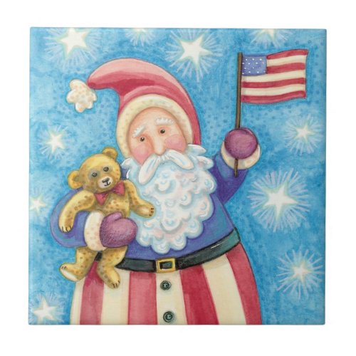 Cute Christmas Patriotic Santa Claus with Flag Ceramic Tile