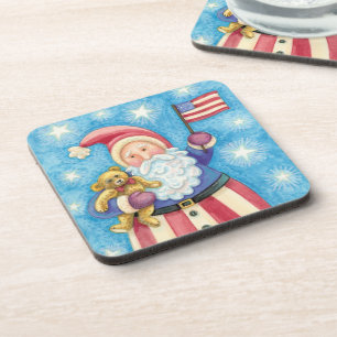 Cute Christmas, Patriotic Santa Claus with Flag Drink Coaster