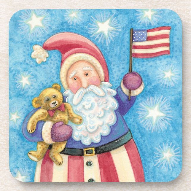 Cute Christmas, Patriotic Santa Claus with Flag Drink Coaster (Front)