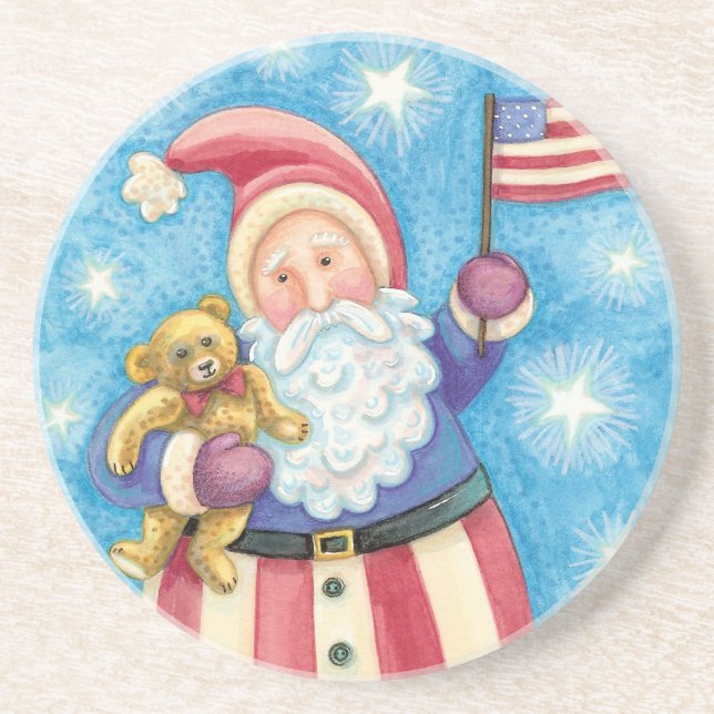 Cute Christmas, Patriotic Santa Claus with Flag Drink Coaster (Front)