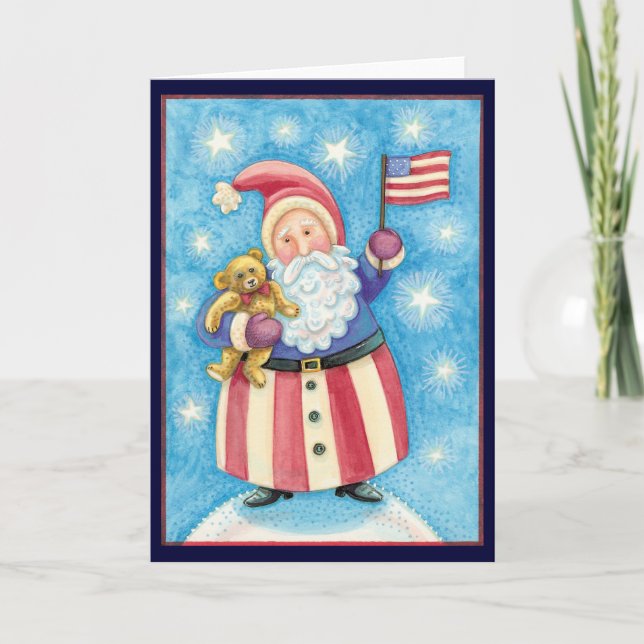 Cute Christmas, Patriotic Santa Claus with Flag Holiday Card (Front)