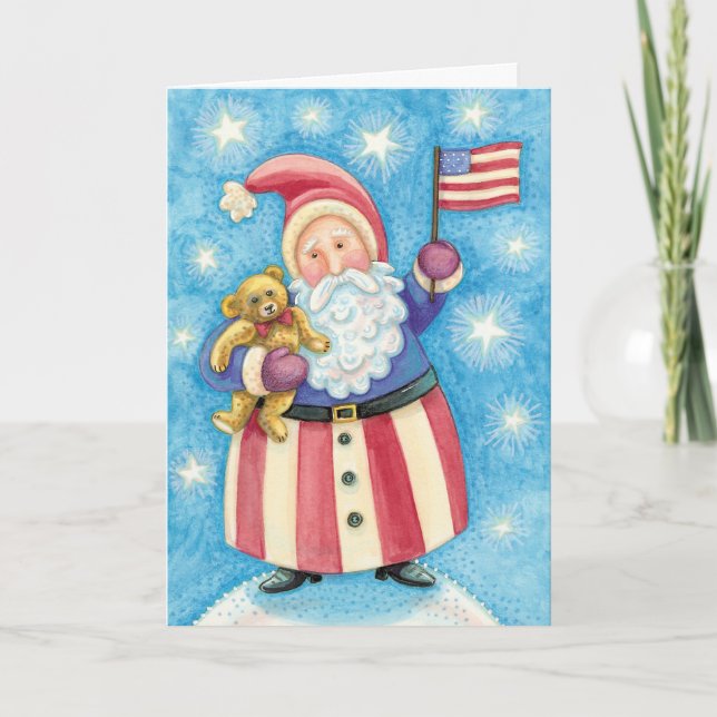 Cute Christmas, Patriotic Santa Claus with Flag Holiday Card (Front)