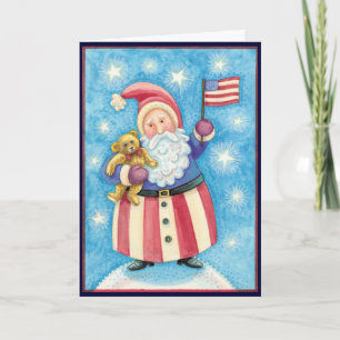 Cute Christmas, Patriotic Santa Claus with Flag Holiday Card