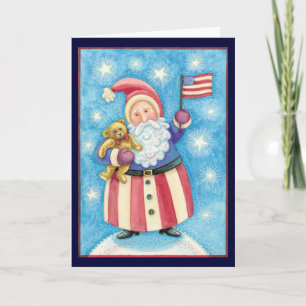 Cute Christmas, Patriotic Santa Claus with Flag Holiday Card
