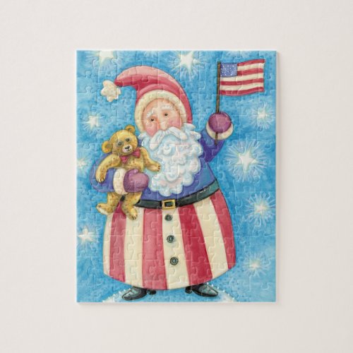 Cute Christmas Patriotic Santa Claus with Flag Jigsaw Puzzle