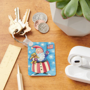Cute Christmas, Patriotic Santa Claus with Flag Keychain