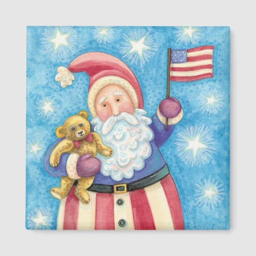 Cute Christmas Patriotic Santa Claus with Flag Magnet