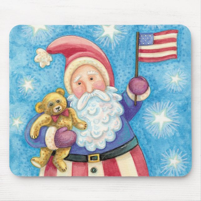 Cute Christmas, Patriotic Santa Claus with Flag Mouse Pad (Front)