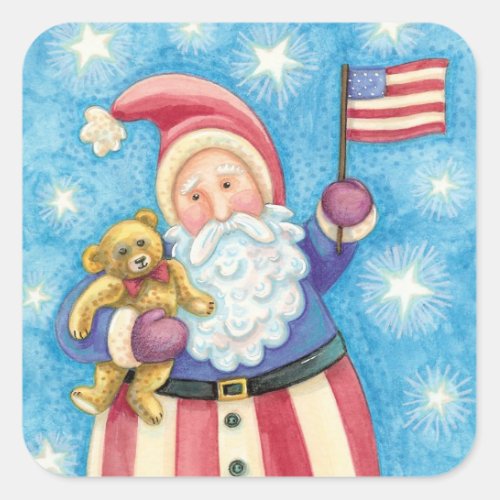 Cute Christmas Patriotic Santa Claus with Flag Square Sticker