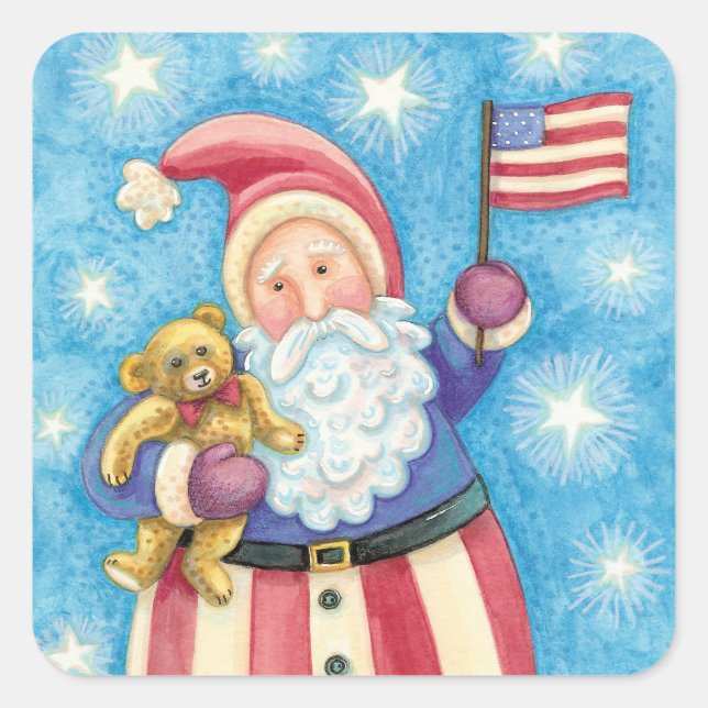 Cute Christmas, Patriotic Santa Claus with Flag Square Sticker (Front)