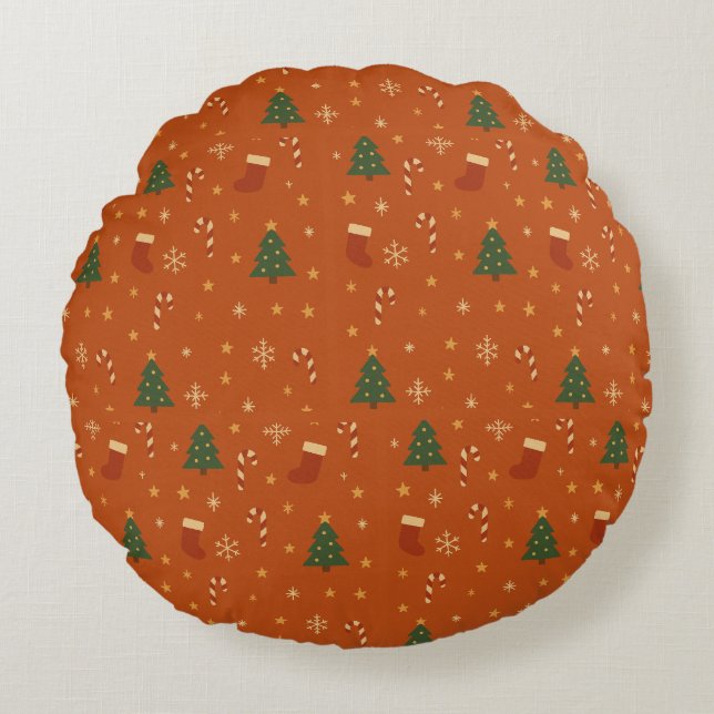 Cute Christmas Pattern – Candy Canes, Trees  Round Pillow (Front)