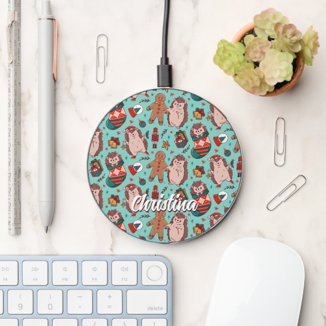 Cute Christmas Pattern Hedgehog Holiday Wireless Charger (Desk)