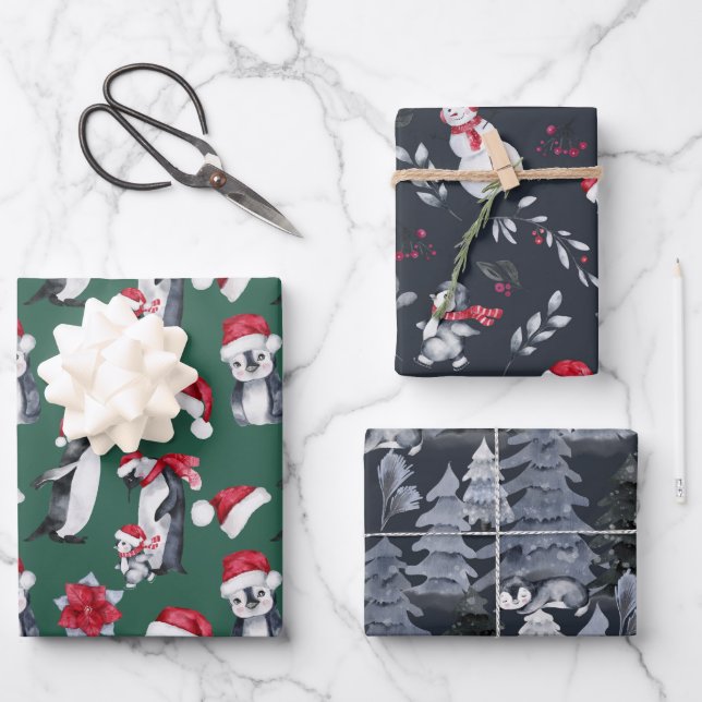 Cute Christmas Pattern Penguin Illustration Kids Wrapping Paper Sheets (Front)