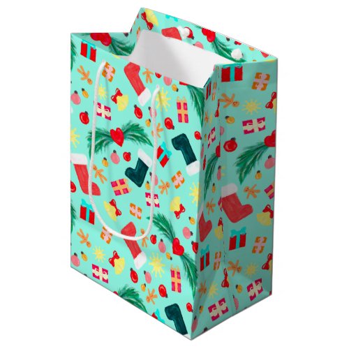Cute Christmas Pattern Sea Green  Medium Gift Bag