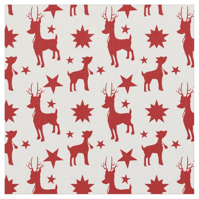 Cute Christmas pattern with red reindeer and stars Fabric (Close Up)