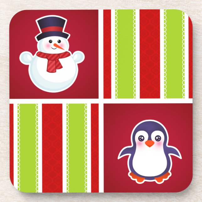 Cute Christmas Pattern With Snowmen And Penguins Beverage Coaster (Front)