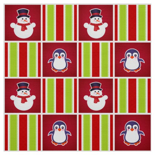 Cute Christmas Pattern With Snowmen And Penguins Fabric