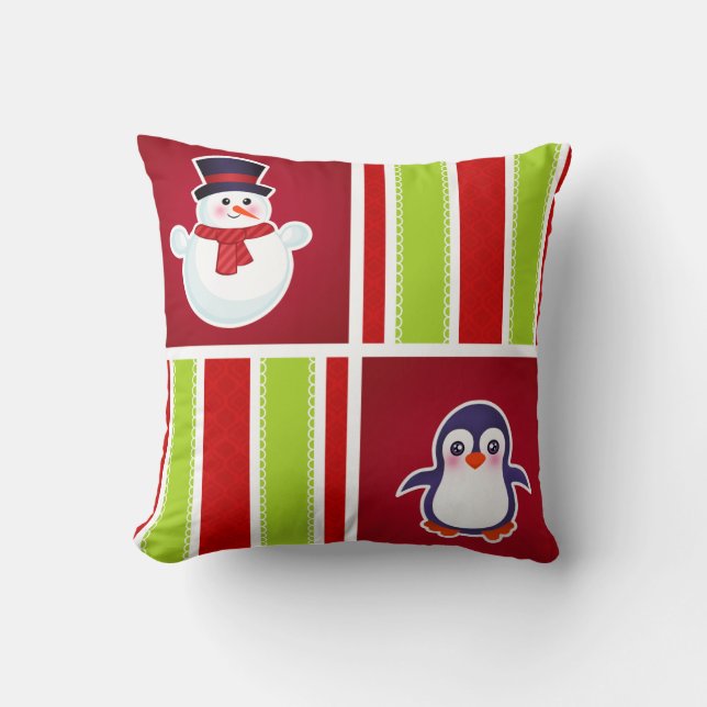 Cute Christmas Pattern With Snowmen And Penguins Throw Pillow (Front)