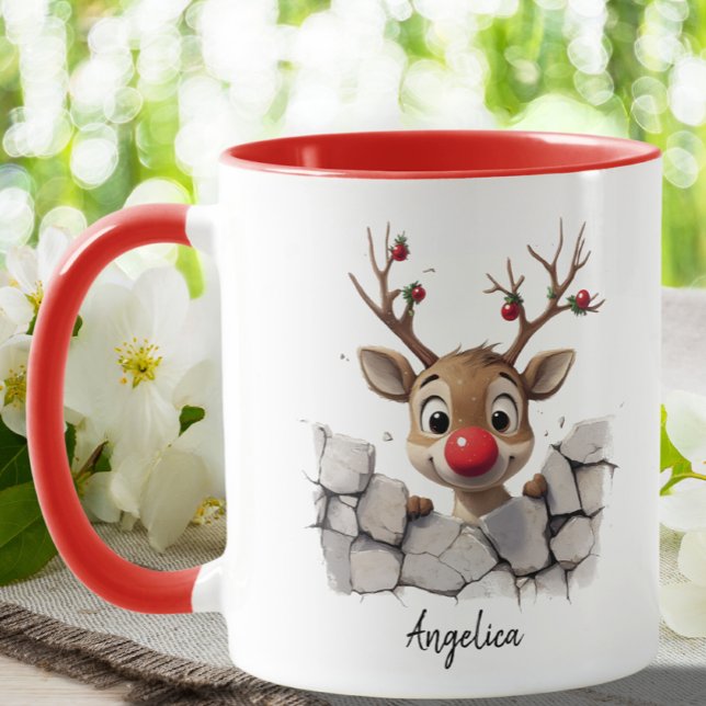 Cute Christmas Peeking Reindeer Red Nose Custom Mug (Creator Uploaded)
